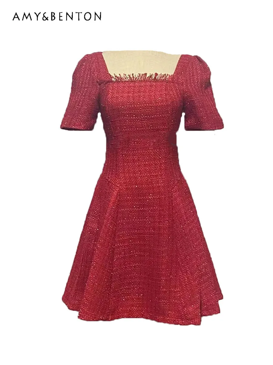 2024 Spring New High-Grade Red Retro Square Collar Dress for Women Gentle Temperament Slim Puff Short Sleeve Evening Dresses