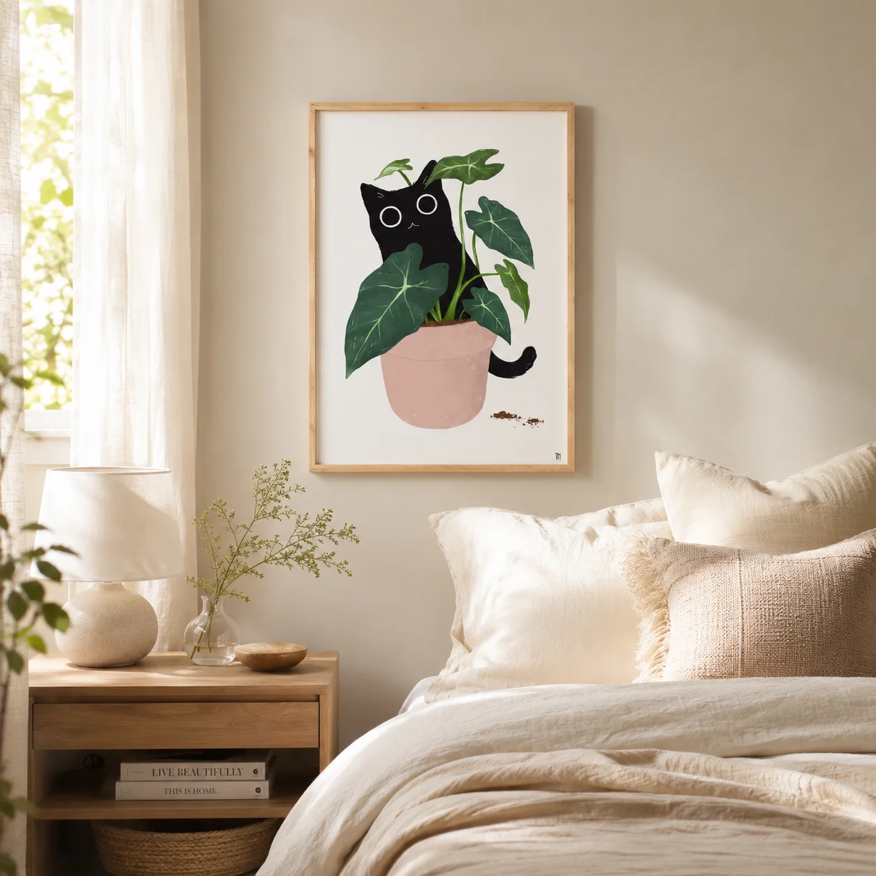 Black Cat Plant Art Print: Funny Cat Lover Gift,Canvas Wall Print,High‑Grade Home Decoration Artwork for Bedroom,Living Room,Off