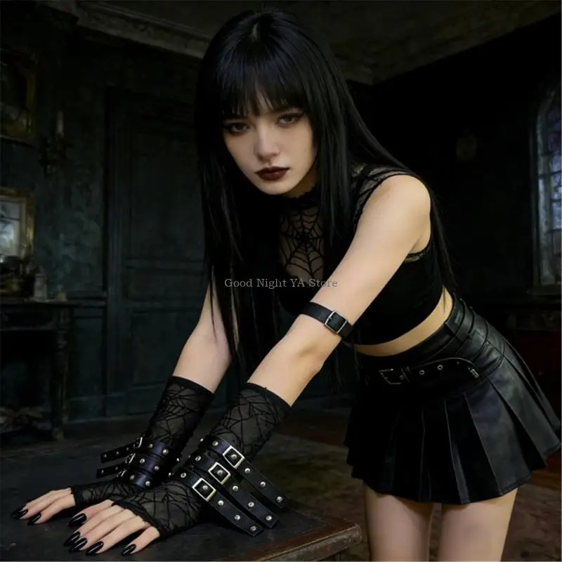  Arm Protector Adjustable Rivets Accent Lace Bracelet For Alternative Fashion Wear