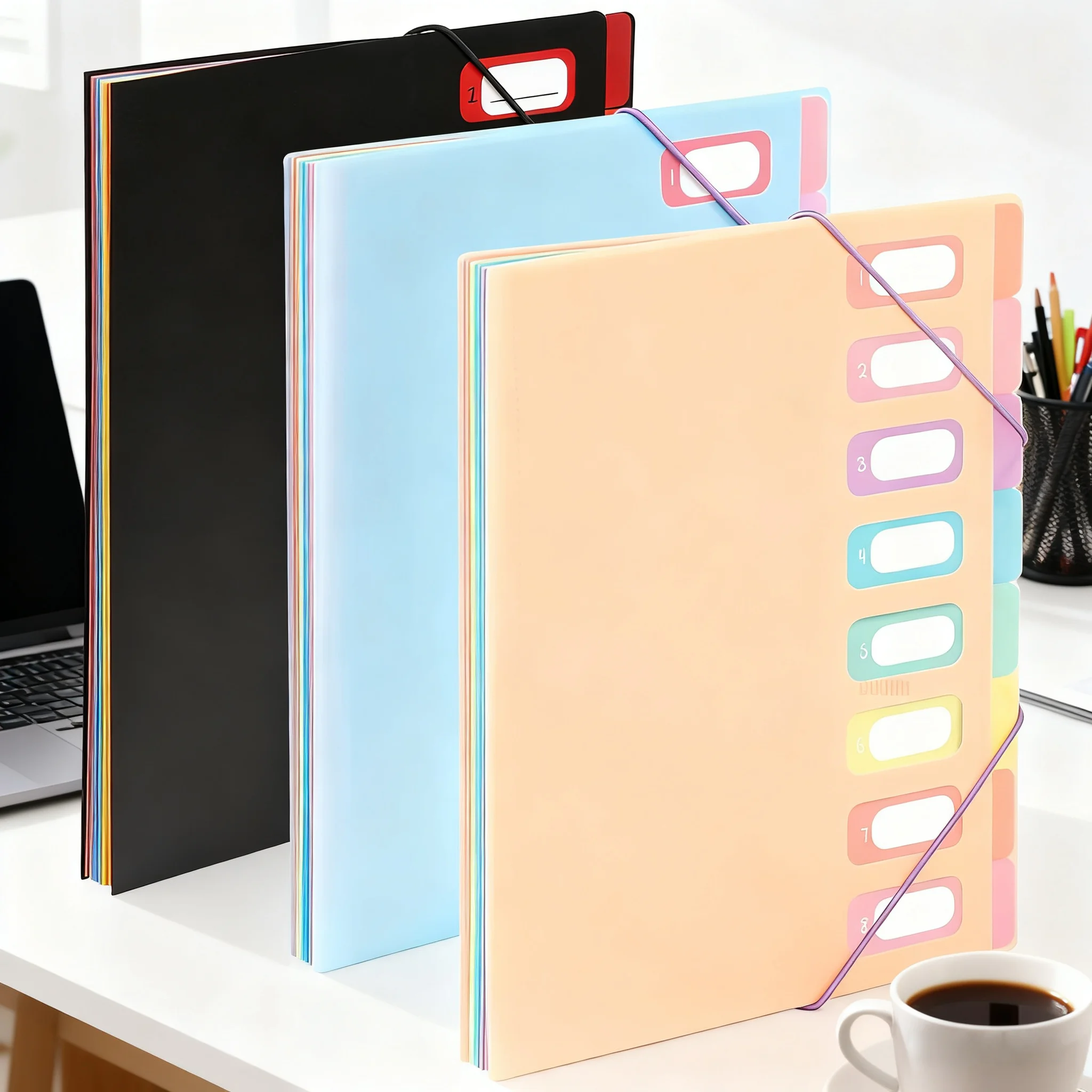 Multi-layer A4 document bag - with rainbow index labels and a color-coded calendar system for organizing office documents.