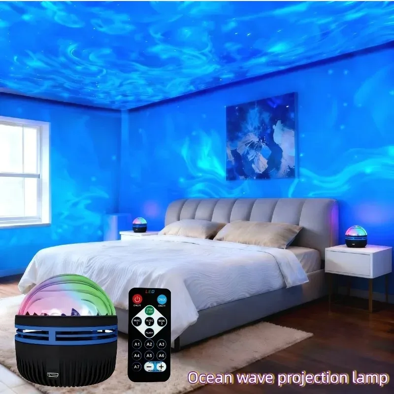 Lámpara LED de proyector de cielo estrellado con ola de mar, 1 unidad, 7 colores, Control remoto, alimentado por USB para habitación de niños, dormitorio, fiesta, luz ambiental