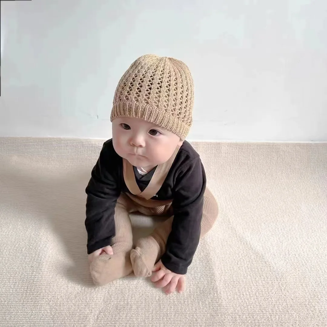 Topi rajut bayi baru lahir katun tipis, topi rajut bayi baru lahir warna polos bersirkulasi Musim Panas 2025