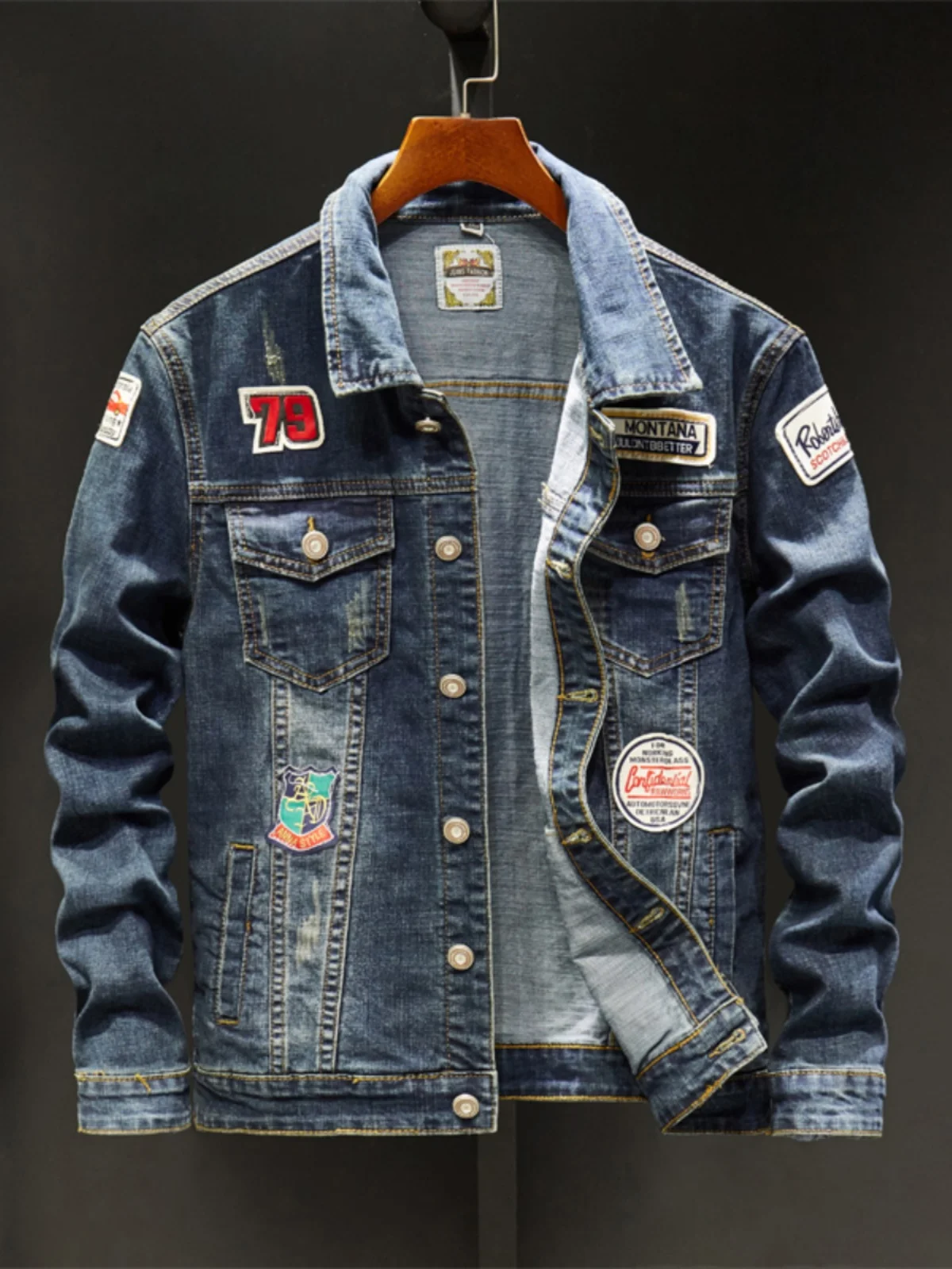 

Retro Embroidered Badge Denim Jacket Men's Loose Fit Youth Trendy Outerwear Windproof Long Sleeve Standard Style Cotton Blend