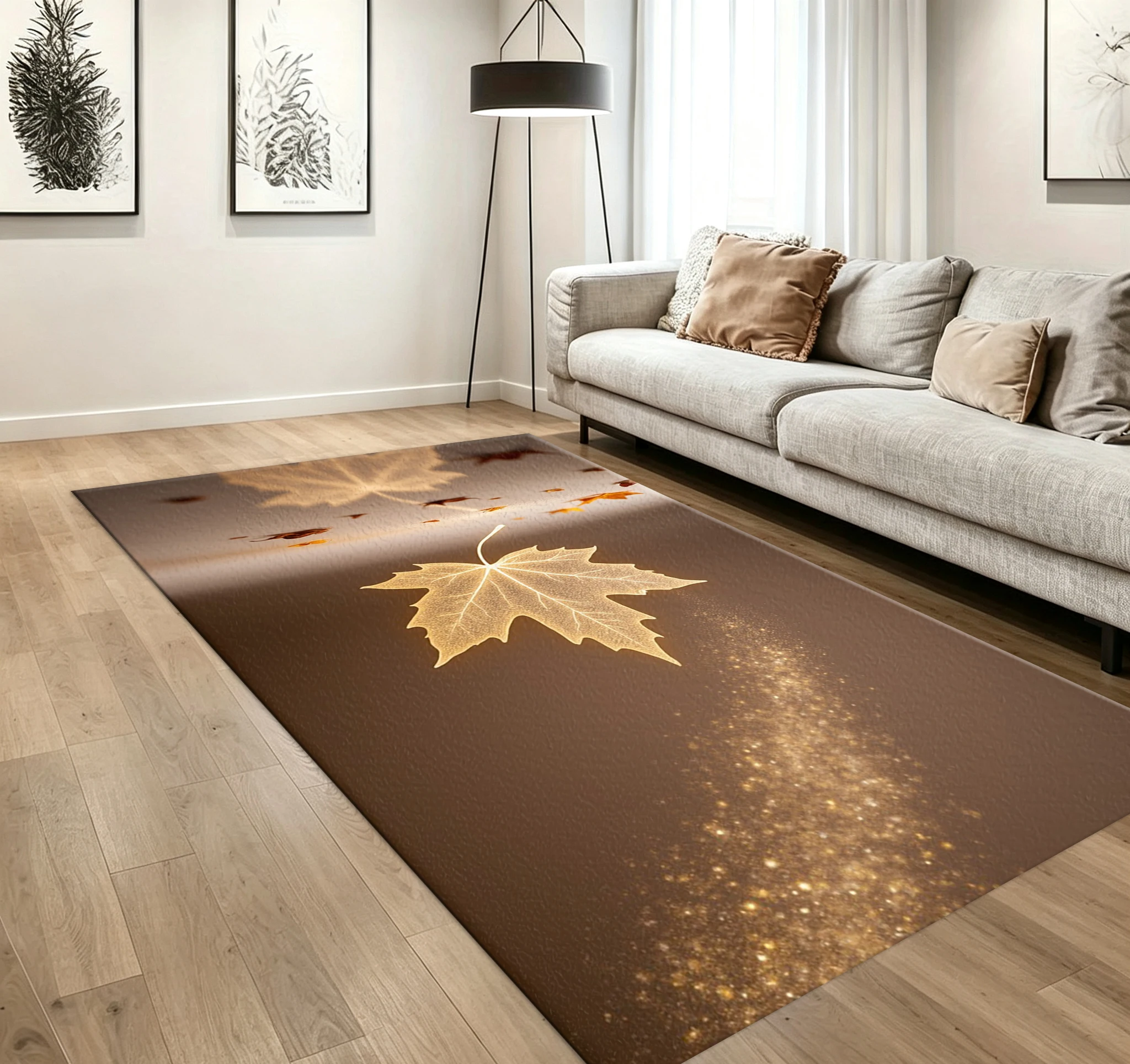 Golden Glowing Maple Leaf Carpet Flooring Warm Art Printed Floor Rug for Household Living Room Bedroom Interior Decor