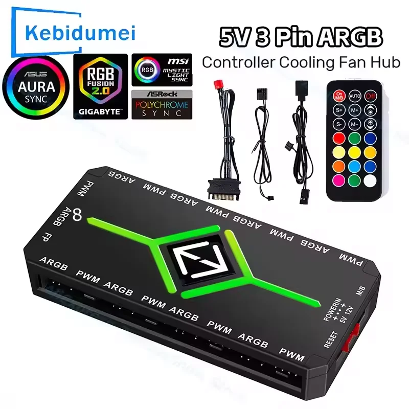 ARGB PWM Fan Hub Adapter With ARGB Controller 1 To 9 Port 5V 3 Pin Cooling Fan Hub Splitter PWM Magnetic Suction Hub for PC Case