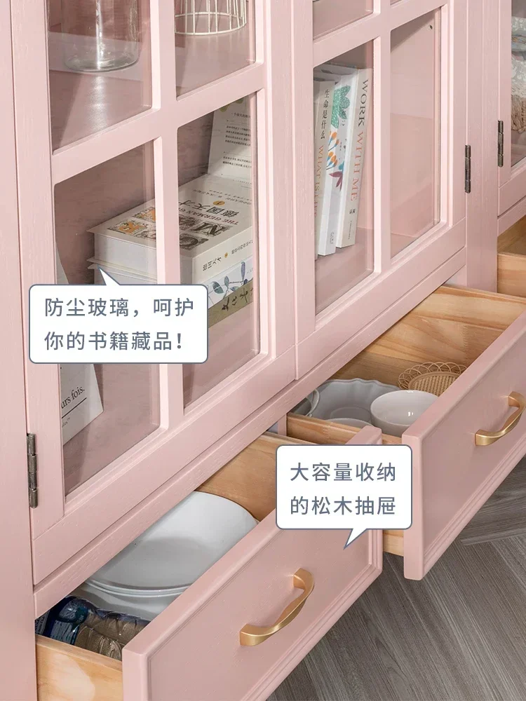 TAO American Bookcase Dust Belt Glass Door Floor-Standing Rack Bookshelf Pink Storage Display Cabinet Solid Wood Bookcase