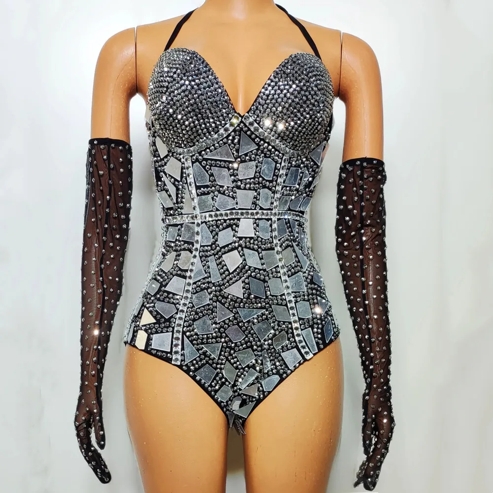 

Silver Rhinestones Mirror Bodysuit Gloves Rave Outfits Women DJ Dancer Singer Tour Concert Sexy Stage Wear Nightclub Costume