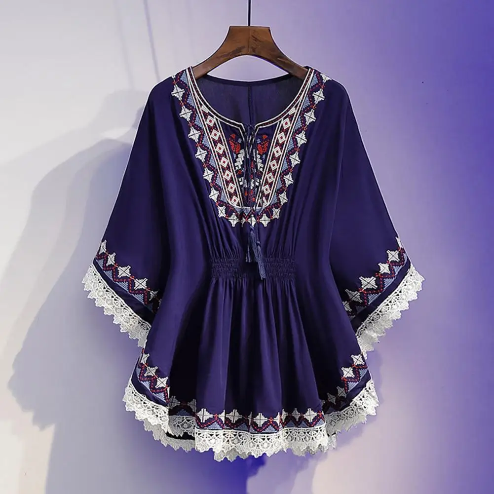 Chemises à manches en Y en mousseline de soie à la mode avec motif de broderie à lacets taille haute élastique, ourlet incurvé, été