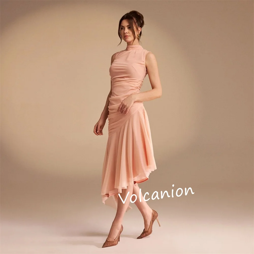 Abiti midi a trapezio con colletto alto e pieghe increspate in chiffon personalizzati Occasioni su misura Taglie semplici ed eleganti disponibili per feste