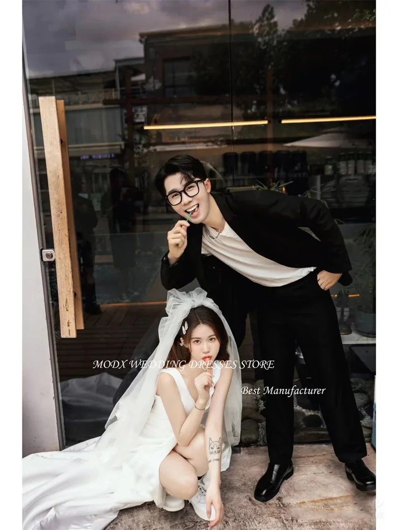 MODX Simple Soft Satin Split Wedding Dresses Straps Plain Tea-Length Short Bridal Gowns Formal Party Dress Korea Photo shoot