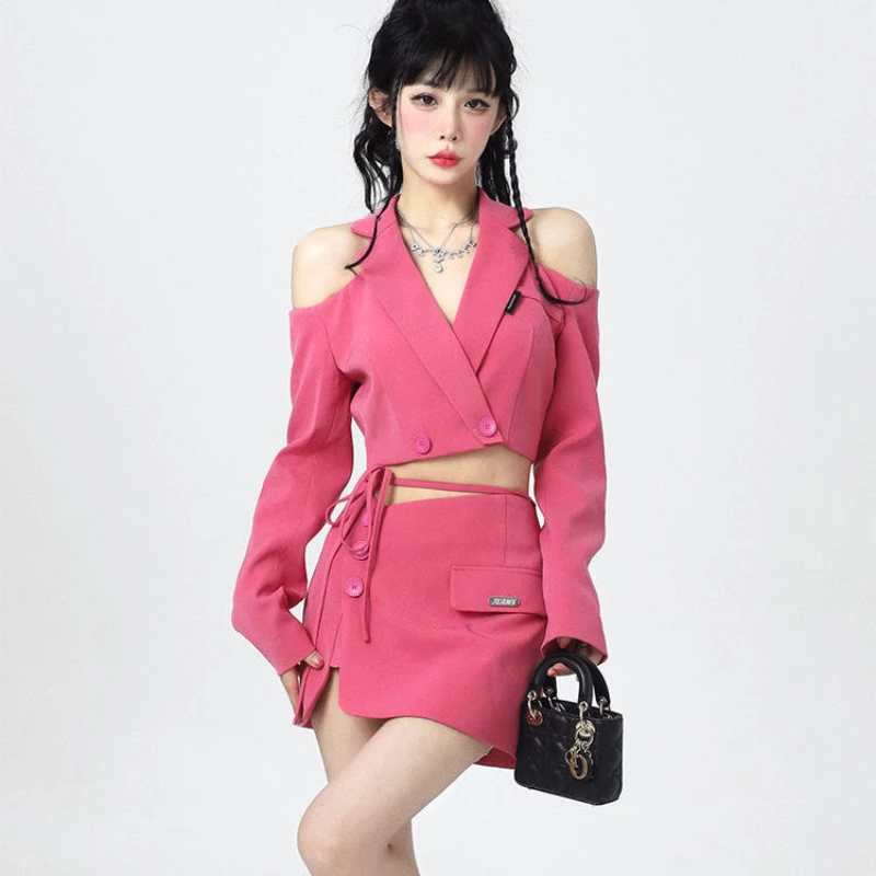 Off Shoulder Drawstring Skirts Sets Turn Down Collar Blazer Crop Tops Mini Sexy Female Slim Short Skirt 2022 Fashion Woman Set