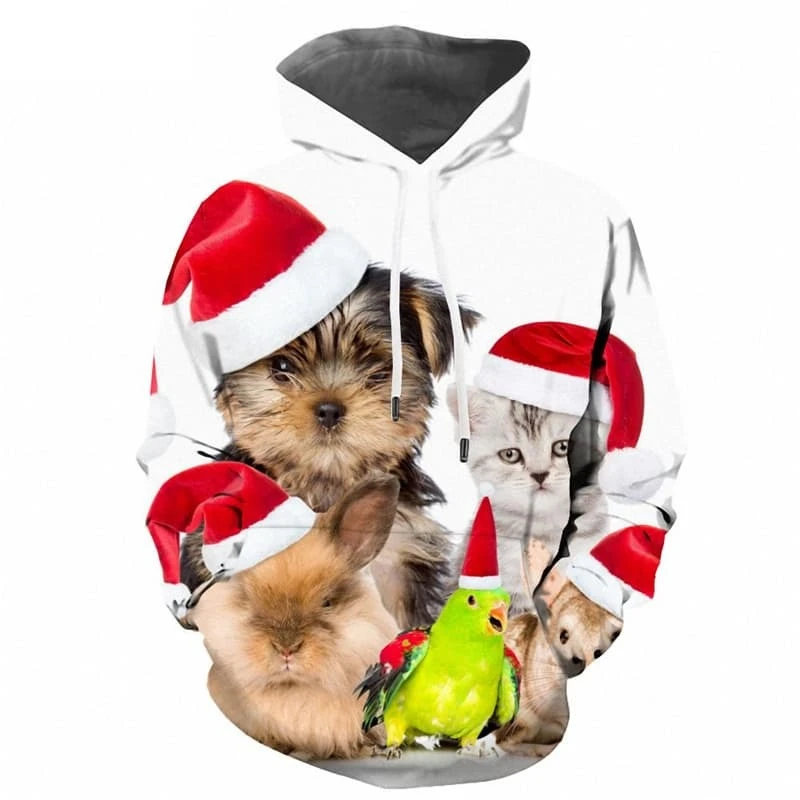 Fashion Men's Hoodie 3D Printed Fun Animals Wear Santa Hats Pattern Long Sleeve Sweatshirt Street Wear Trend Loose Hoodies