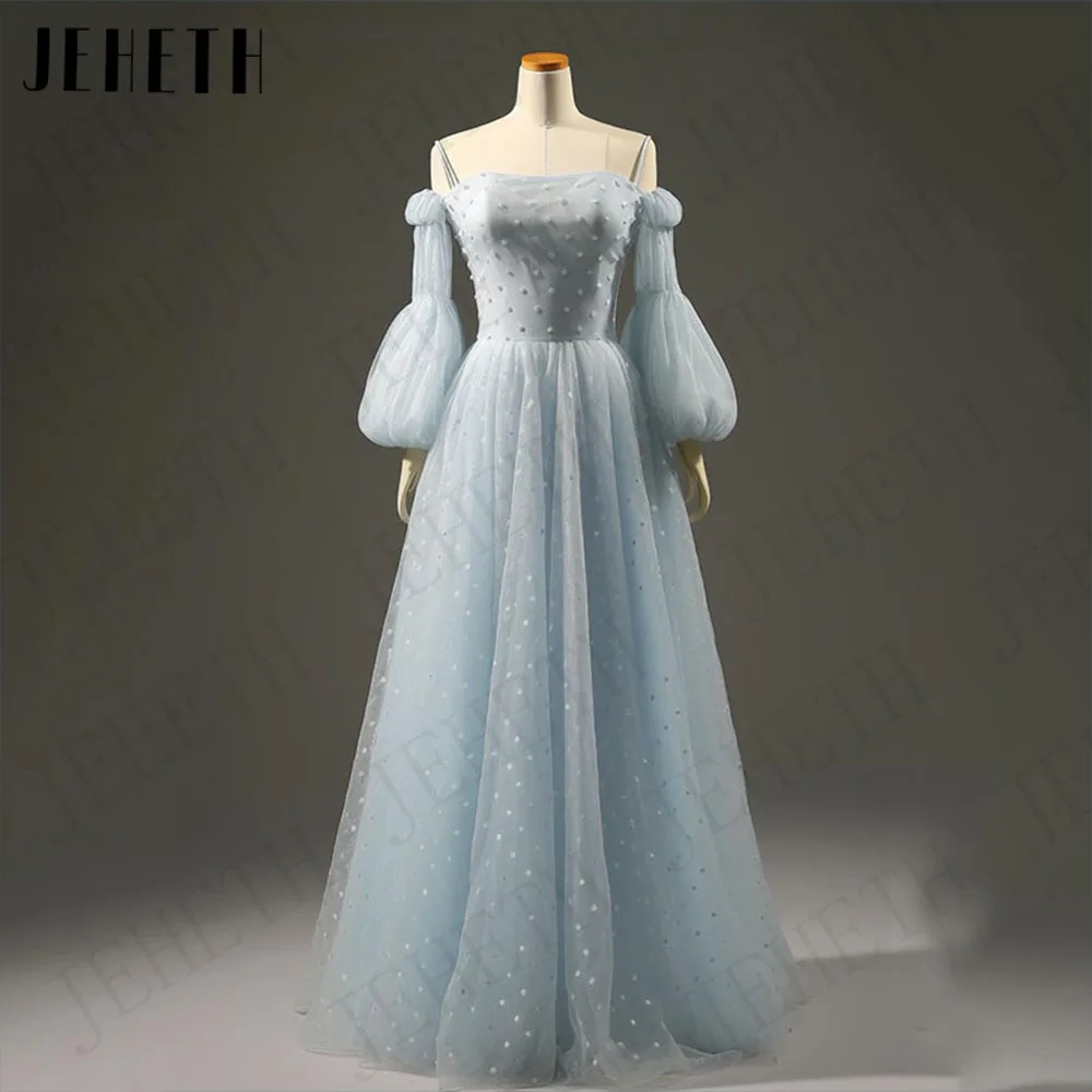 

JEHETH Detachable Puff Sleeves Prom Evening Dress Sky Blue Elegant Tulle Party A Line Boat Neck Floor Length Robes De Soirée