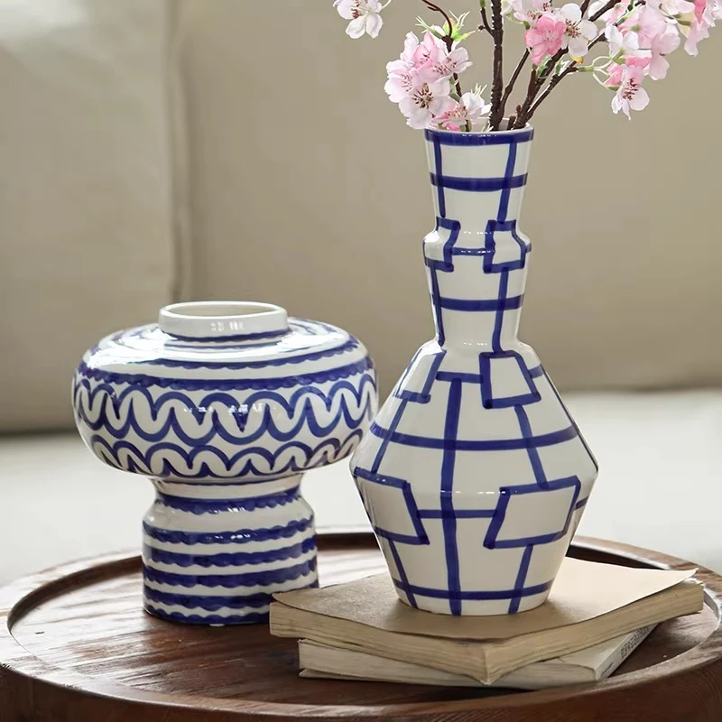 

Blue Ceramic Vase Geometric Irregular Lines Flower Vase Ceramic Handicraft Flowerpot Terrarium Vases Pots Home Decoration