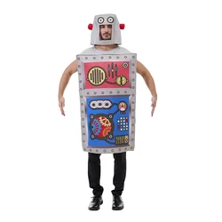 Eraspooky Funny Adult Robot Costume Halloween Unisex Sponge Jumpsuit With Hat Carnival Party Stage Performance Fancy Dress