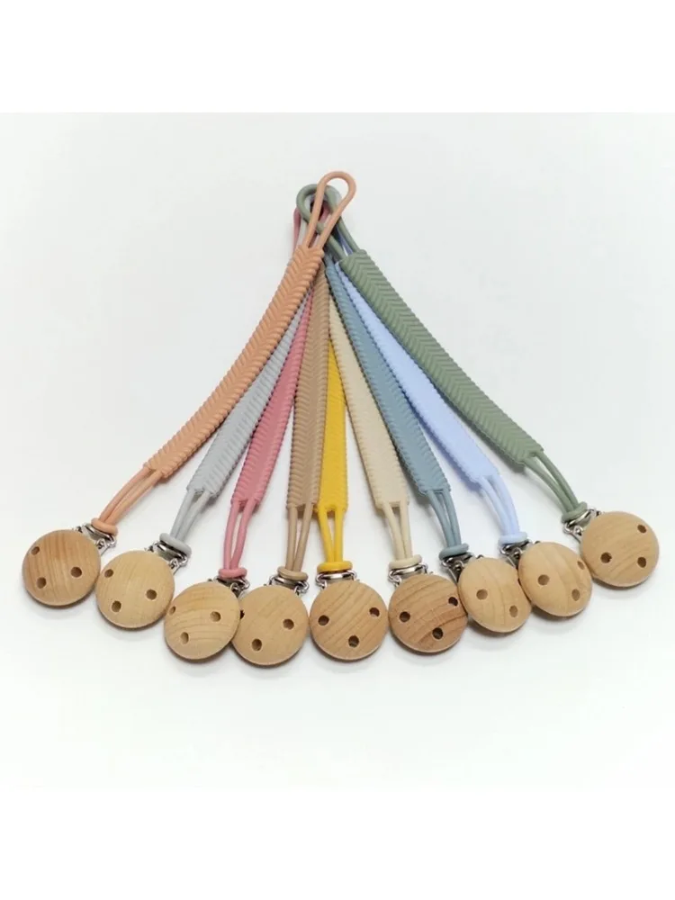 Attache-sucette en hêtre pour bébé, ronde et colorée, perles de dentition en Silicone, support factice de qualité alimentaire, chaîne apaisante Anti-chute, chaîne de mamelon pour bébé