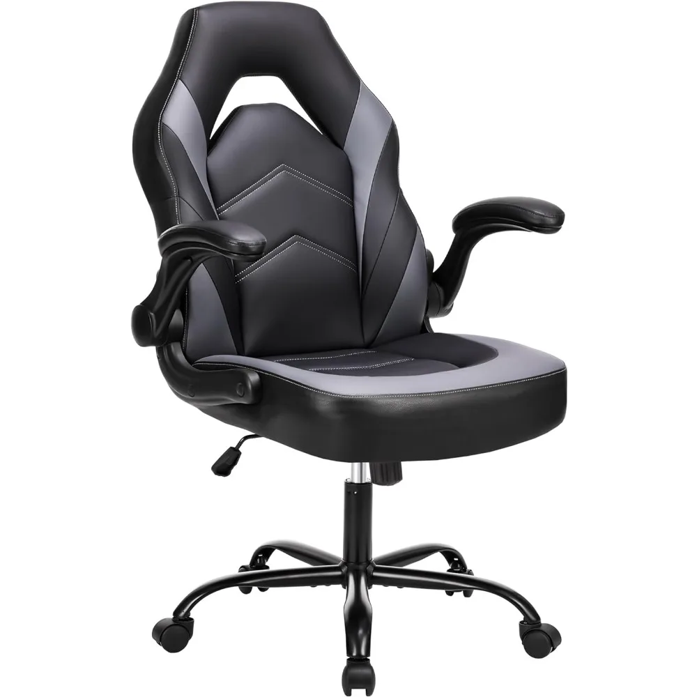 Office Ergonomic Computer Gaming Desk Racing Chair for Adults, Flip-up Arms Adjustable Height PU Leather Swivel with Wheels