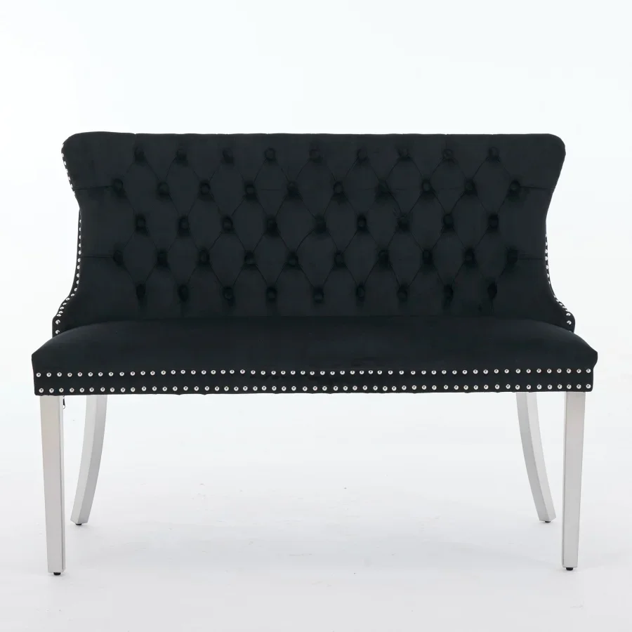 Velvet Double Dining Loveseat Bench, Kitchen and Dining Seating, 2-Seat Tufted Bench w/Handmade Buttons, Wing Back, Brushed Sil