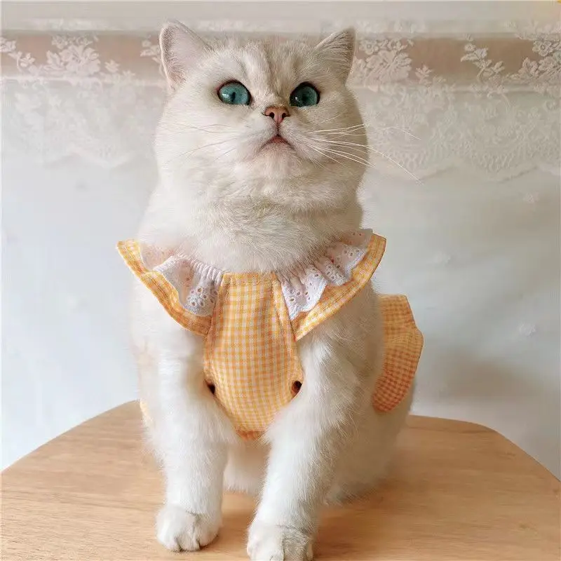 Spring Summer New Little Flying Sleeves Cat Dress Checkered Pet Vest Skirt Dog Clothes Girl Heart Cat Clothes