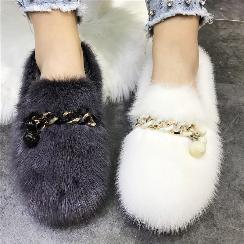 

Fashion White Women Flats Chains Casual Moccasins Real Mink Fur Winter Warm Loafers Espadrilles Ladies Platform Fur Shoes