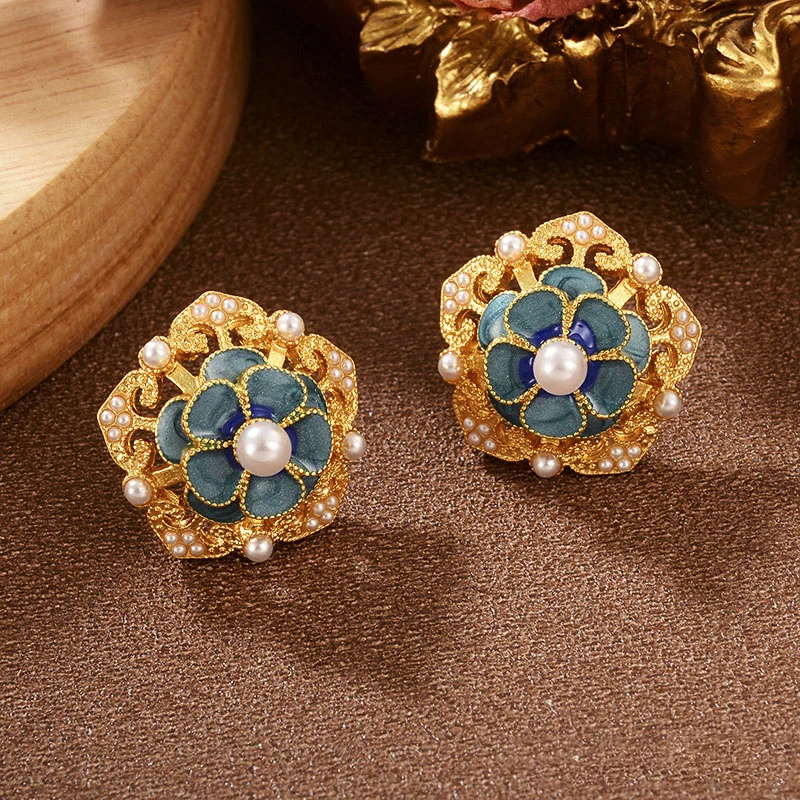 

Vintage Enamel Flower Stud Earrings for Women, Elegant Pearl Turquoise Crystal Statement Earrings, Fashion Jewelry Gifts