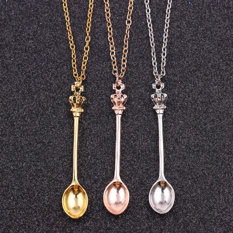 3 Colors Creative Mini Long Link Jewelry Spoon Necklace Tiny Tea Spoon Shape Pendant Necklace With Crown For Women