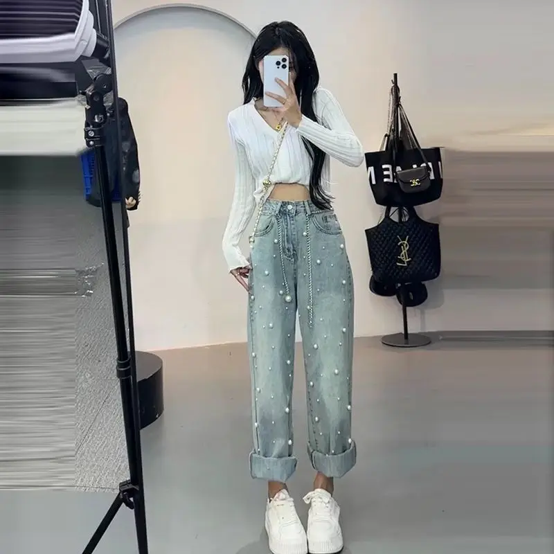 Summer 2023 Faion Pearl Design Loose Wide Leg Jeans Women's High Waist Long Pants Sli Trendy plus Size Versatile Denim