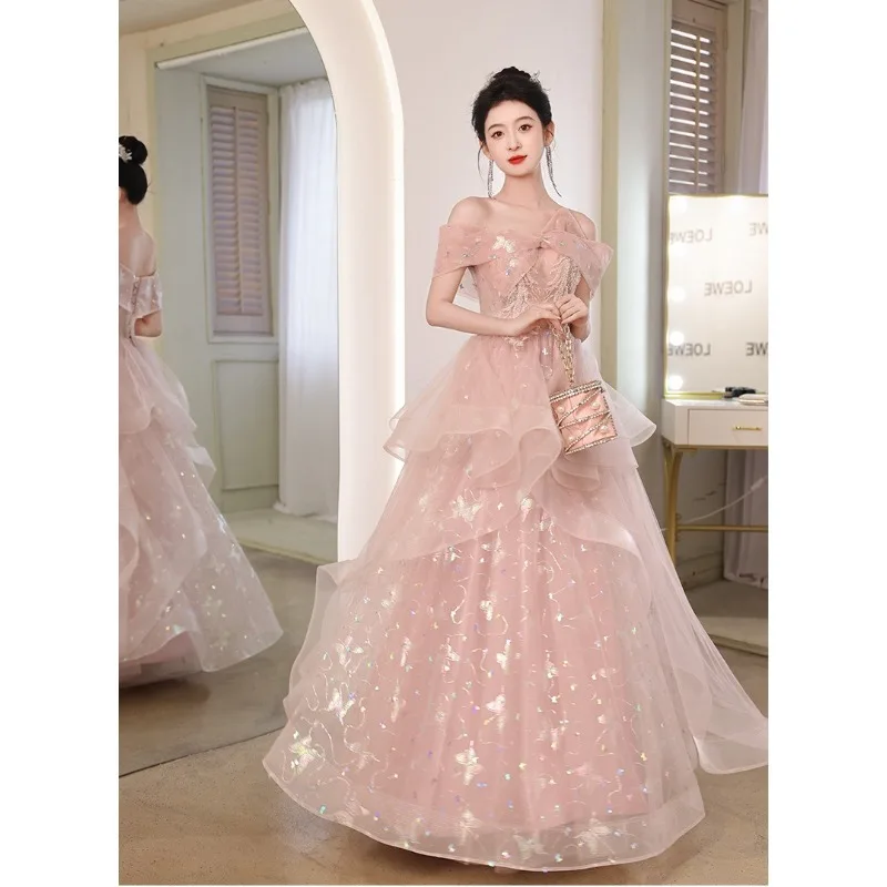 2026 New One Shoulder Pink Embroidered Mesh Evening Dress Fashion High End Light Luxury Host Annual Meeting Art Exam Dress