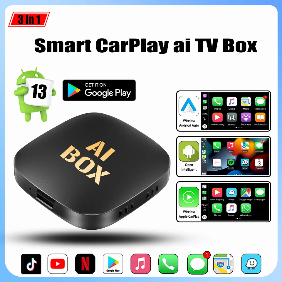 

New Android13 Ai Box Android Auto & Apple Carply Wired to Wireless Multimedia Adapter Built-in Netflix YouTube Google Appstore