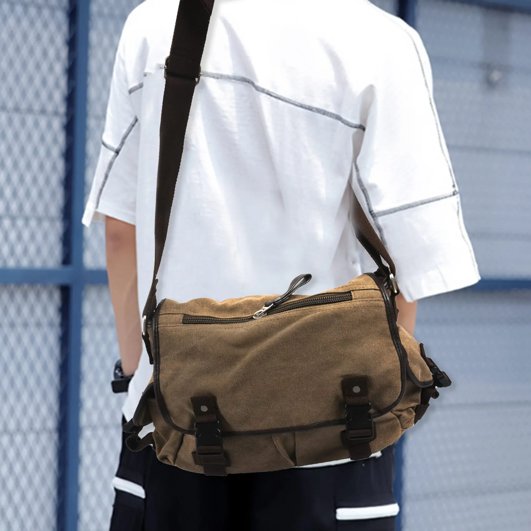 Canvas Leather Bag Shoulder Messenger Bag Men'S Casual Bag Notebook Briefcase Travel Handbag