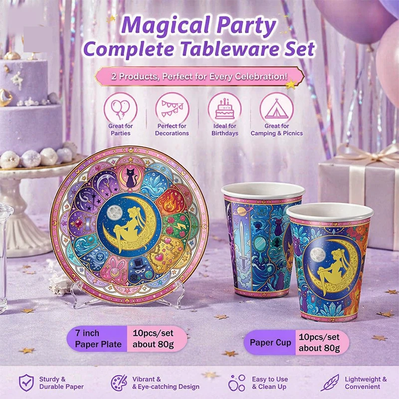 Cartoon Sailored Moons Themed Paper  Plate Cup Combination for Birthday Party Arrangement Gifts Decoration Packing Set