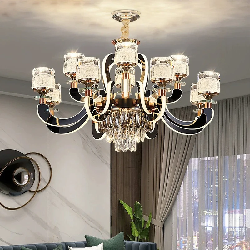 AiPaiTe Modern Height Adjustable Black Gold Chandelier For Living Room Dining Room Bedroom Luxury LED Crystal Chandelier