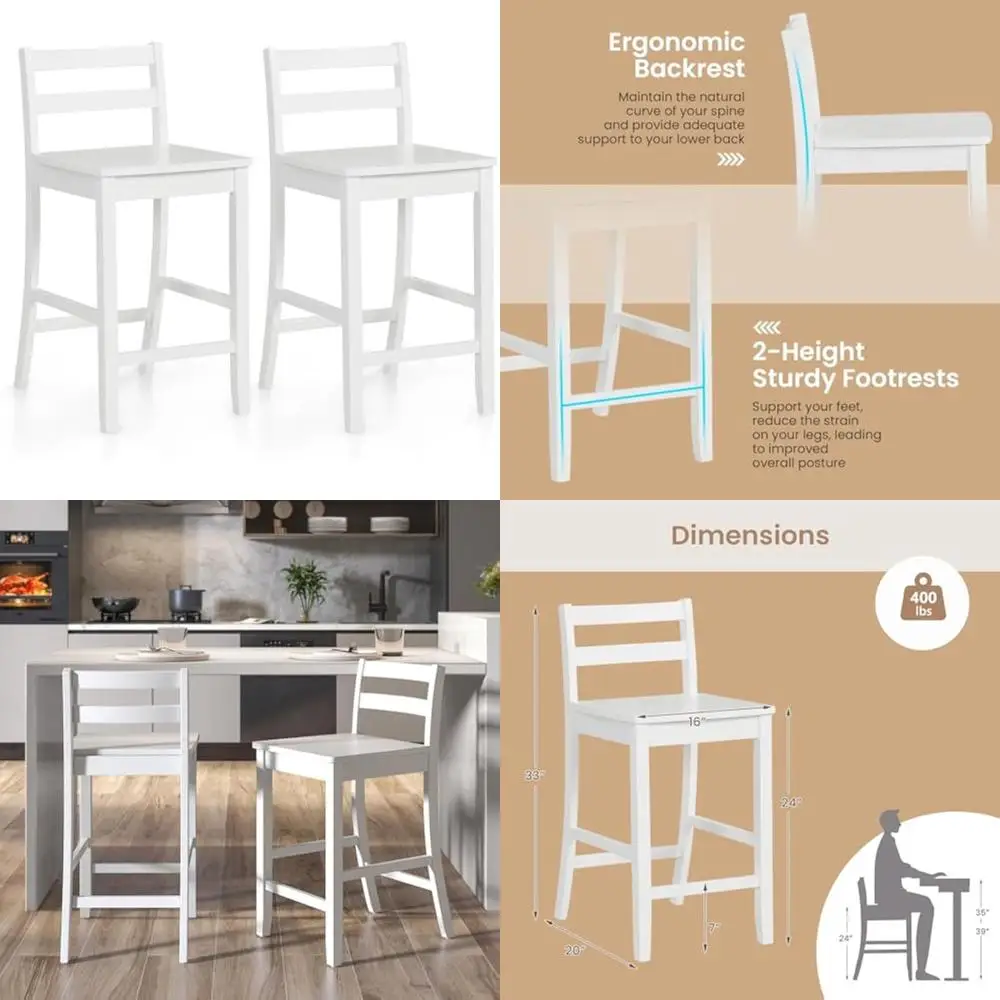 

Farmhouse Style 24-Inch Counter Height Wooden Bar Stools Set of 2 with Ergonomic Backrest and Footrest for High Dining Chairs
