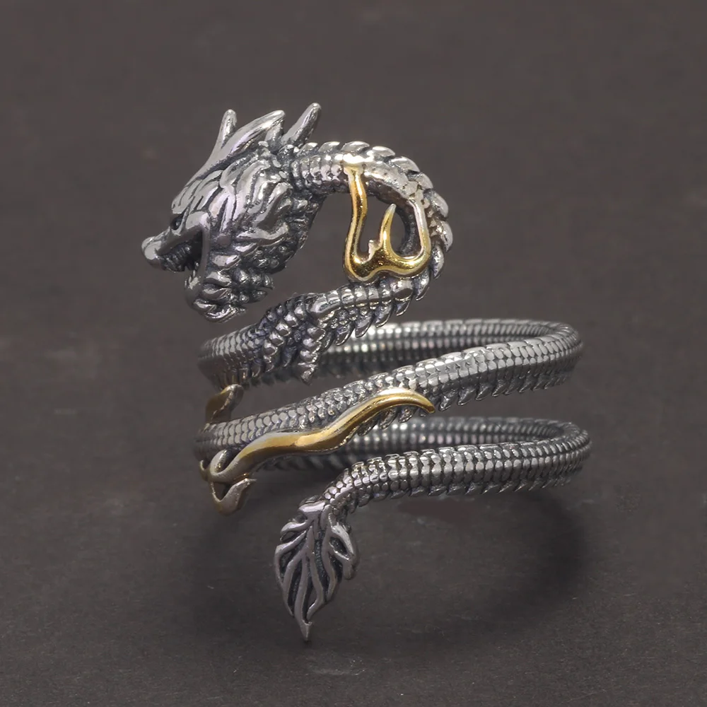 Real Solid 925 Silver Animal Dragon Ring Vintage Men\'s Opening Size Adjustable Personalized Men\'s Zodiac Jewelry