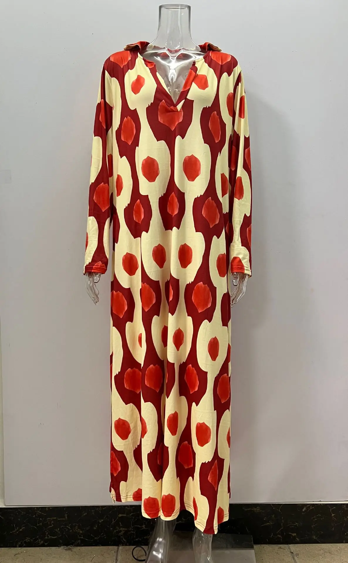 2024 AliExpress europea e americana Plus Size gonna lunga con scollo a v stampata alla moda autunno e inverno transfrontaliera da donna