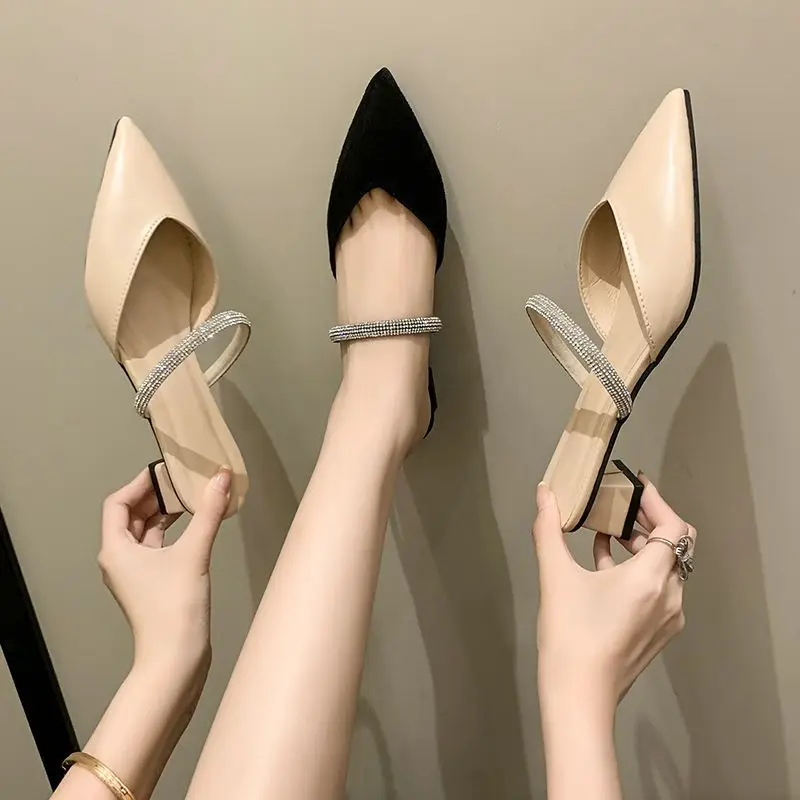 Women's Chunky Heel Mules Rhinestone Embellished Pointed Toe Slip-On Sandals for New Arrivals Stylish Outdoor Casual Shoes​