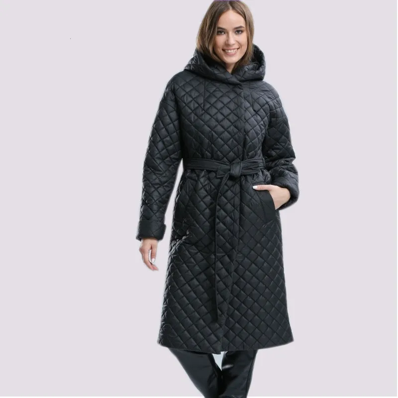 2022 DOCERO Women\'s Jacket Spring Autumn Long Hoodie Quilted Coat Belt Loose Luxury Parka Oversize Clothing Warm Outerwear