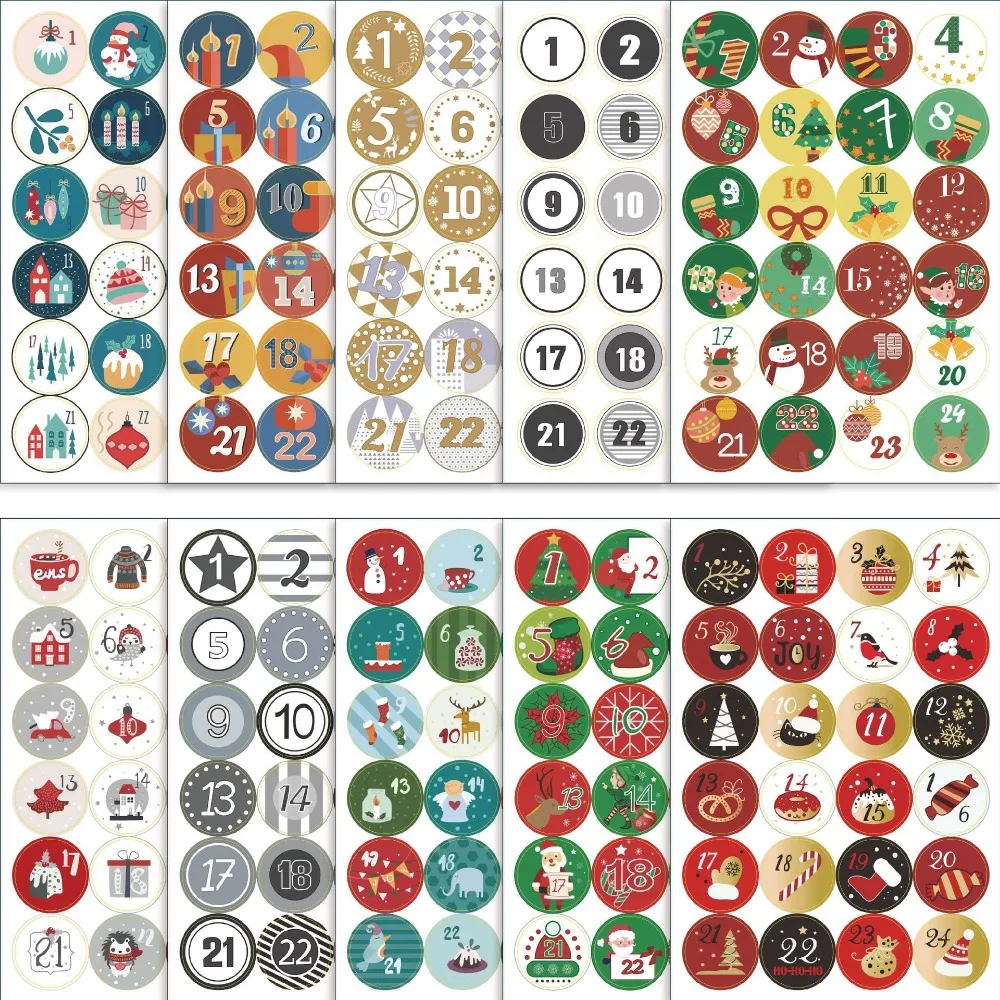 10 Sheets Set Numbered Stickers Christmas Countdown Calendar Stickers Irregular Waterproof Adhesive Gift Sealing Stickers