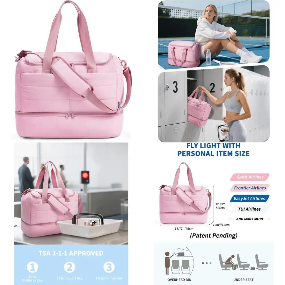 

Lightweight Puffer Travel Duffle Bag for Women with Shoe Compartment and TSA Approved Personal Item Bag, 18x14x8 inches