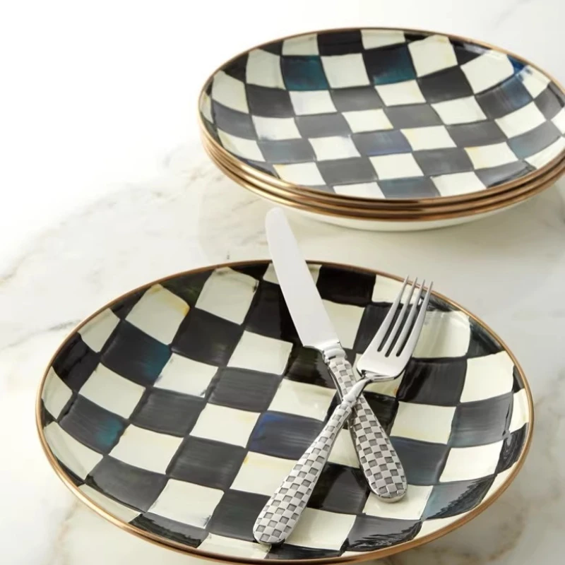 

Hand painted European court black and white plaid enamel plate