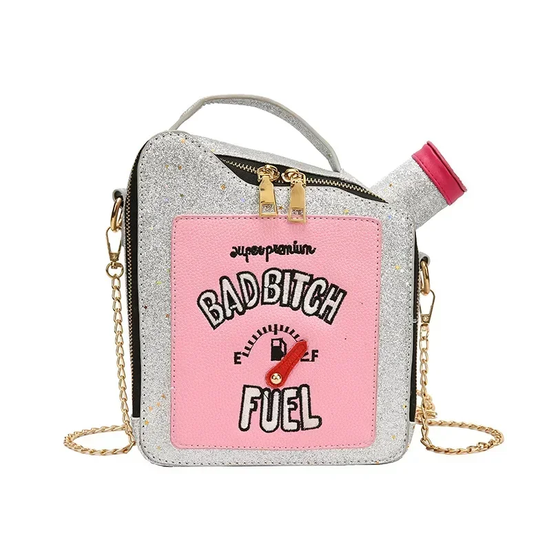 

Fashion Personality Laser Sequin Embroidery Letter Oil Pot Bag Creativity Funny Chain Shoulder Bag Women Cute Messenger Bag