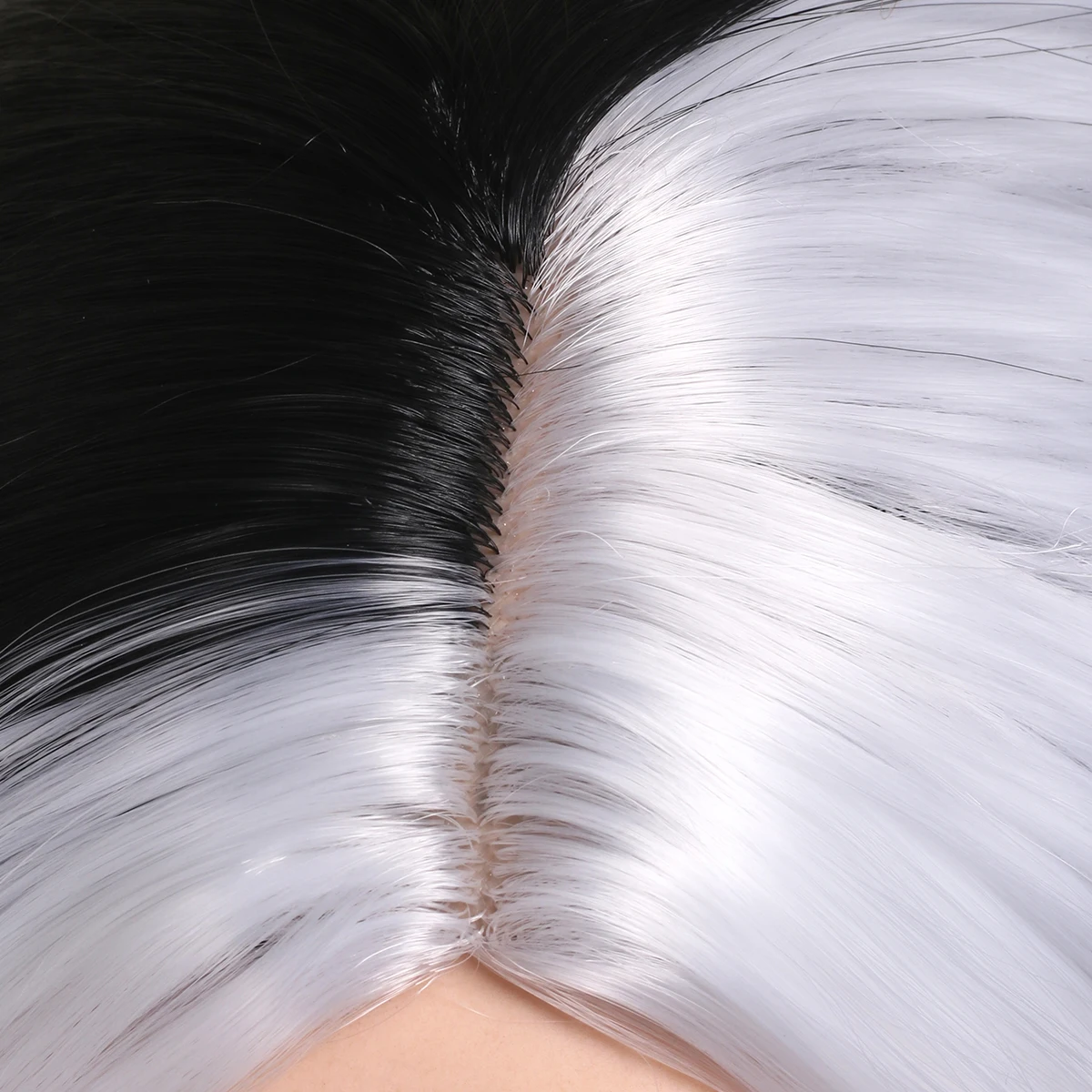 28 inch long rolled witch black and white synthetic wig, used for holiday parties and Halloween role-playing