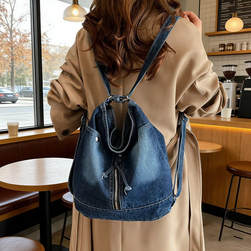 Fashionable Denim Backpack Women Multifunctional Large Capacity Casual Crossbody Bag Comfortable and Versatile Bucket Bag Spring