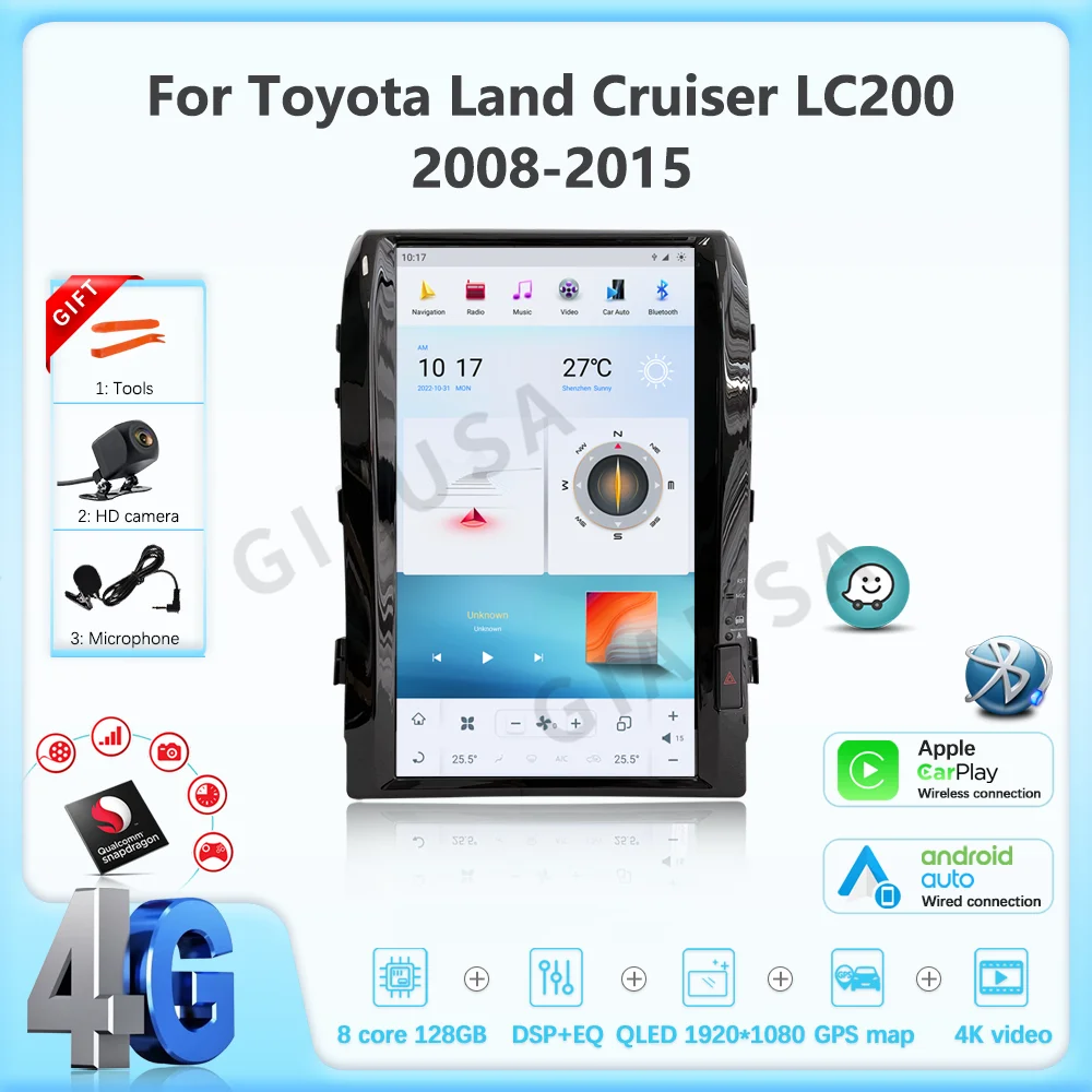 For Toyota Land Cruiser LC200 2008-2015 Car Multimedia Player CarPlay GPS Radio 5G Navigation Qualcomm 128GB 16 Inches Head Unit