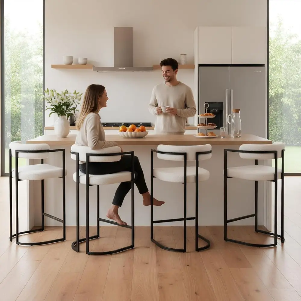 

Набор из 4-х барных стульев высотой 26 дюймов, эргономичные, с обивкой из шерпы, металлические ножки, белые.