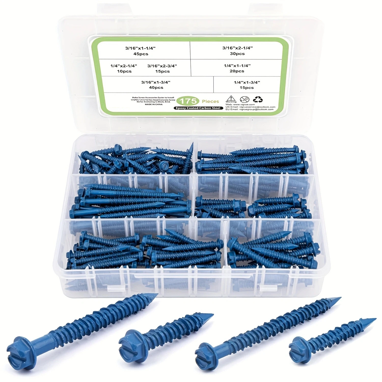 175 PCS Hex Head Cement Screws Set - 1/4
