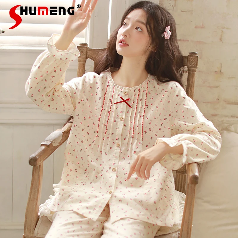 

Autumn Winter Pajamas for Women Pure Cotton Flannel Long Sleeve Homewear Set Female Sweet Floral Print Full Cotton Loungewear
