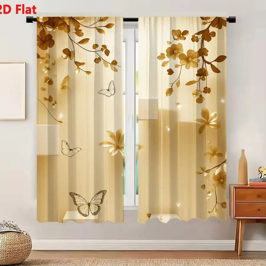 2Pcs Curtains Add 2D Flat Elegant Whimsical Interior Design With Golden Flowers Wireframe Butterflies And Glowing Orbs In Soft B