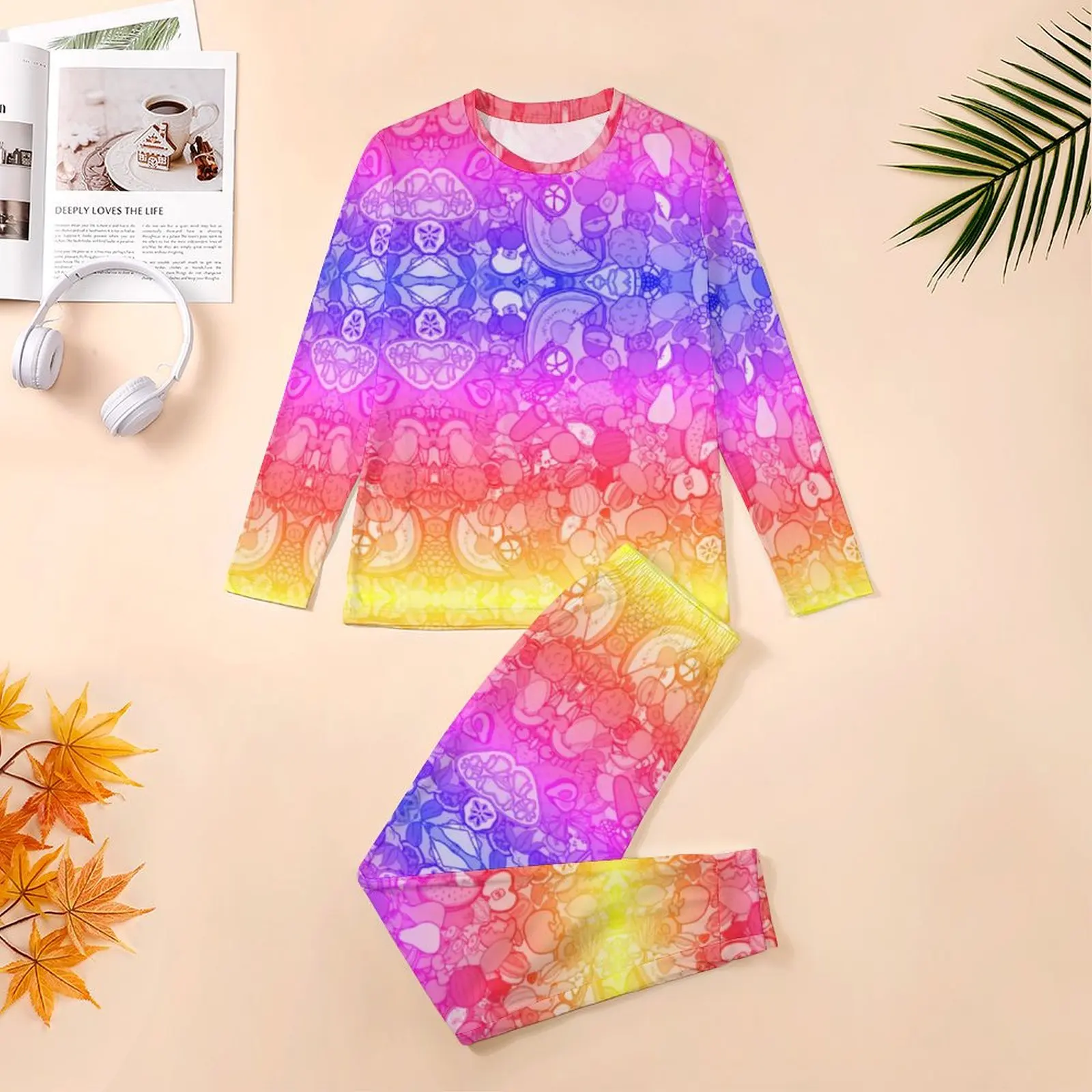 Bright Fruit Doodle Pajamas Autumn 2 Piece Rainbow Print Soft Pajama Sets Man Long Sleeve Bedroom Graphic Sleepwear 3XL 4XL 5XL