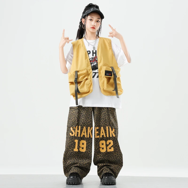 Ropa de calle para niños, chaleco amarillo de Hip Hop, camisa, pantalones Cargo, pantalones para correr de baile callejero para niñas, conjuntos de ropa, disfraces morados de Jazz para niños